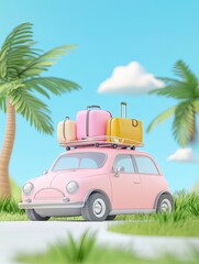 Cartoon car carrying luggage on its roof rack, ready for a summer vacation in a tropical paradise with palm trees and blue sky