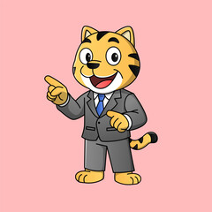 Cartoon character of a tiger dressed in a formal business suit, combining a fierce yet professional look. The tiger wears a neatly tailored jacket, tie, and dress shoes, symbolizing strength, leadersh