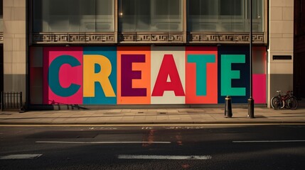 A colorful and vibrant street mural spelling "CREATE" on a city wall, inspiring creativity and artistic expression through bold, graphic design