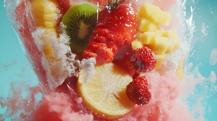 Colorful fruit explosion in plastic bag
