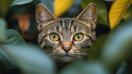 Obraz premium Tabby cat peering foliage garden wildlife
