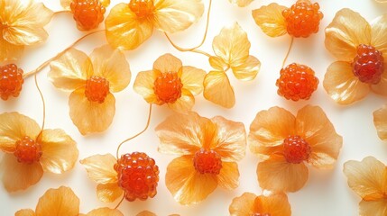 Vibrant orange flowers and fruit elements arranged artistically on a light background for creative design projects