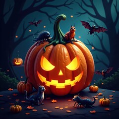 Spooky pumpkin design with creepy crawlies and bats on a dark background, halloween, pumpkins, creepy