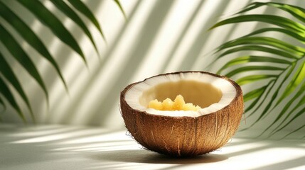 Fresh Coconut Opened with Creamy Flesh Surrounded by Green Tropical Leaves and Soft Light Shadows