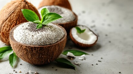 Chia Seeds in Coconut Shells with Fresh Leaves on a Gray Surface