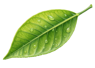 Fresh green leaf with water droplets on surface creating refreshing natural look with lemon freshness and vibrant leaf texture