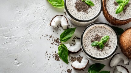 Coconut Chia Seed Pudding with Fresh Basil Leaves and Coconut Flakes on Light Textured Background