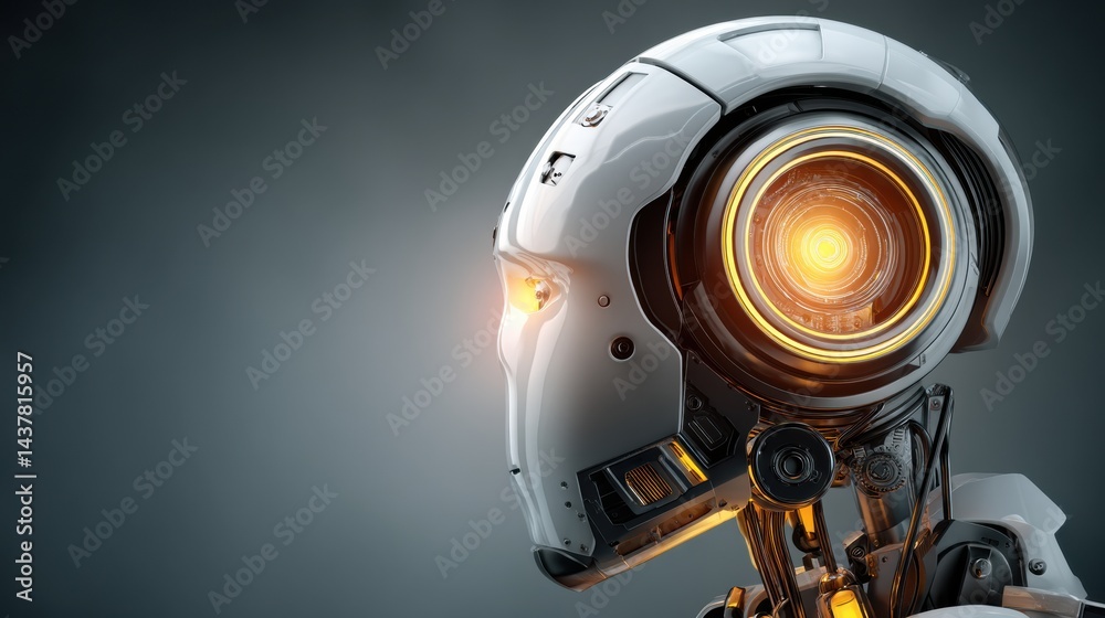 Fototapete realistic robot head featuring soft lighting and a glowing ai core in a dark environment