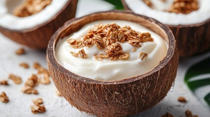 Creamy yogurt topped with crunchy granola in natural coconut shells on a textured surface