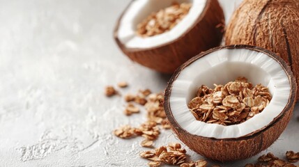 Fresh Coconut Halves Filled with Crunchy Oats on a Light Textured Background