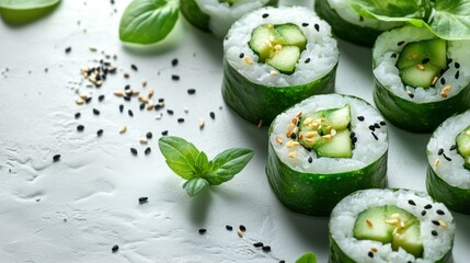 Fresh and Delicious Green Cucumber Sushi Rolls with Sesame Seeds and Herbs on a Textured Surface