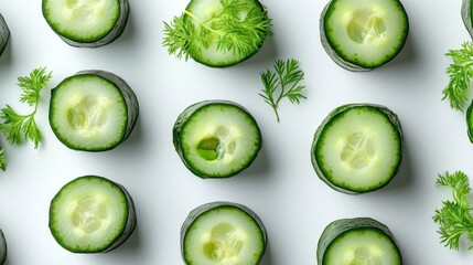 Fresh Slices of Cucumber with Sprigs of Green Herbs on White Background for Healthy Food Concept