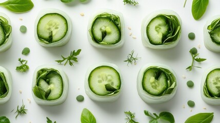 Freshly Sliced Cucumbers and Green Herbs on White Background for Healthy Diet and Culinary Inspiration