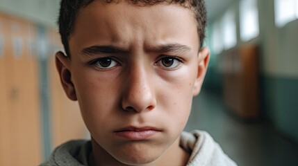 Portrait of a sad schoolboy suffering bullying at school by his classmate