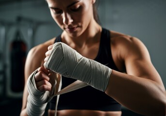 Focused female boxer wrapping hands in gym preparing for training