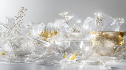 Elegant, shattered glass bowls with gold accents, studio still life