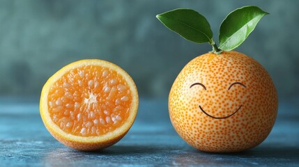 Cheerful Orange with Smile Next to Half Orange on Blue Background, Cute Fruit Concept for Creative Projects