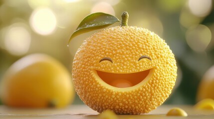 Cheerful Orange with Leaf Smiling in Nature Setting Surrounded by Blurry Fruits and Sunlight Glows