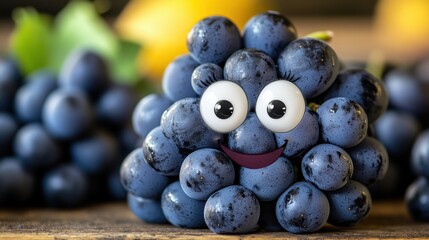 Happy Cartoon Blueberry Character Surrounded by Fresh Blueberries on Rustic Wooden Table