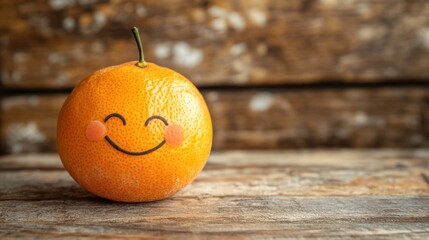 Cheerful Orange Fruit with Happy Face and Playful Expression on Wooden Table Background