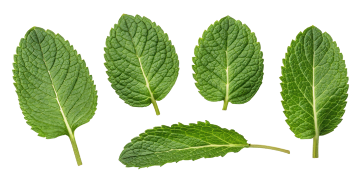 Fresh mint leaf collection with vibrant green color and detailed texture showing natural veins and serrated edges in bright setting