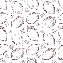 Seamless pattern with whole lemon, leaf and flower in line art style. Ideal for citrus fruit design, summer packaging, kitchen wallpaper and cafe menu.
