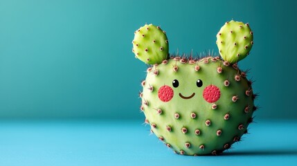 Cute and Cheerful Cactus with a Smiley Face and Expressive Ears on a Vibrant Blue Background