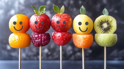 Colorful Fruit Characters on Skewers with Smiley Faces for a Fun and Playful Snack Enjoyment