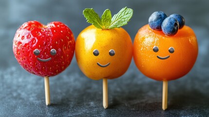 Cute and Colorful Fruit Characters with Happy Faces on Sticks for Fun and Playful Food Concepts
