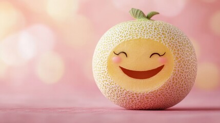 Smiling Cantaloupe Fruit with Happy Face on Soft Pink Background for Joyful Food and Wellness Design