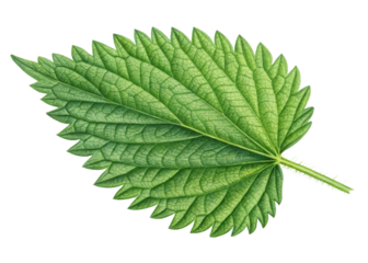 Close up of green nettle leaf showing detailed veins and serrated edges with fresh natural texture and vibrant color