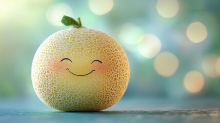 Cheerful Melon with a Smile on a Soft Green Background Surrounded by Beautiful Bokeh Lights and Bright Atmosphere