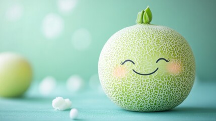 Cute and Whimsical Smiling Melon with Cartoonish Face Against Soft Green Background in Fresh and Vibrant Setting
