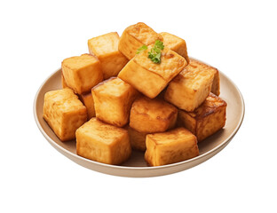 A plate piled high with golden brown fried tofu cubes and parsley garnish on top transparent background png