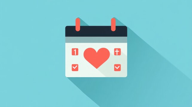 Calendar with a red heart on a cyan background. Possible use Romantic event reminder