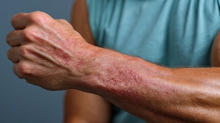 Fototapeta premium Man showing severe red rash on arm and hand: allergy or skin disease