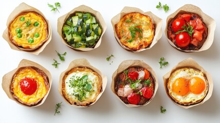Colorful Assortment of Gourmet Mini Quiches with Fresh Ingredients in Rustic Paper Cups