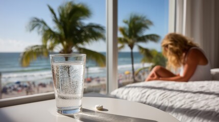 Obraz premium Woman suffers from diarrhea or food poisoning, takes medicine and drinks water in hotel bed, vacation stomach problems