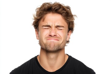 Man grimacing in pain with squinted eyes against a white background