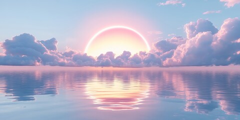 Minimalistic illustration of a rainbow-colored planet reflecting on calm ocean waters with a glowing sun behind clouds in a pastel sky