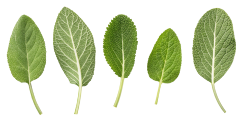 Fresh green sage leaf collection with natural texture and veins isolated on transparency background for herbal and culinary use