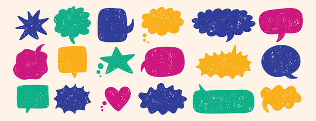 text boxes and speech bubbles with grunge crayon or color chalk texture set. Retro vintage illustration on a white background.