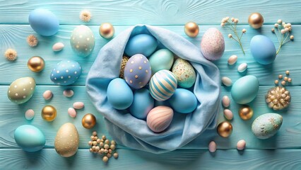 Pastel Easter Eggs Nestled in Soft Blue Fabric on Wooden Surface