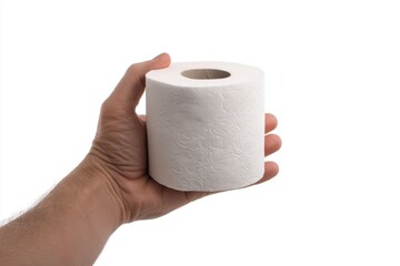 Fototapeta premium Holding a roll of white toilet paper in hand as a hygiene product concept isolated on a clean white background