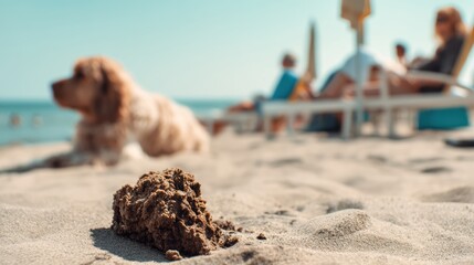 Dog excrement on a public beach accessible to animals, the problem of beach pollution by animals
