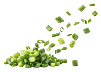 Fresh spring onion slices appear to float and scatter beautifully in air creating vibrant and fresh visual effect