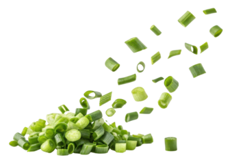 Fresh spring onion slices appear to float and scatter beautifully in air creating vibrant and fresh visual effect