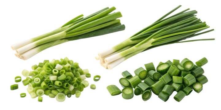 Fresh spring onion whole and chopped in various sizes with vibrant green leaves and white bulbs for cooking and garnish