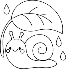 Cute snail under leaf, expressing joy on rainy day