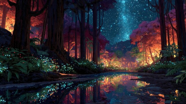 Retro pixel jungle with pixelated vines glowing water and dreamlike ambient tone adventurous style